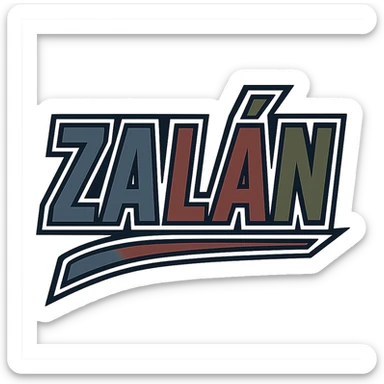 Zalán name in masculine, modern, gradient font with precise Hungarian characters, dark outline, extra thick, prominent white border as in reference images, dynamic slanted underline, masculine color shades (blue, gray, burgundy, green, brown), 1000x1000 px, PNG, transparent background sticker