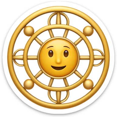 A mysterious, abstract emoji with a wheel shape covered in countless small eyes and intersecting golden rings, resembling a celestial mechanism, iOS emoji style sticker