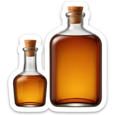 sturdy glass bottle with squared shoulders and a short neck, filled with rich amber-brown liquid, slightly tinted glass showing depth of color inside, capped with a cork or dark metal top, no label, sealed bottle, apple emoji style, soft lighting, subtle shadows, transparent background, emoji scale sticker