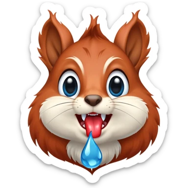 Front view of squirrel face with red-brown fur, prominent teeth, black eyes, and a huge blue drool droplet hanging from mouth, unmistakable drooling sticker
