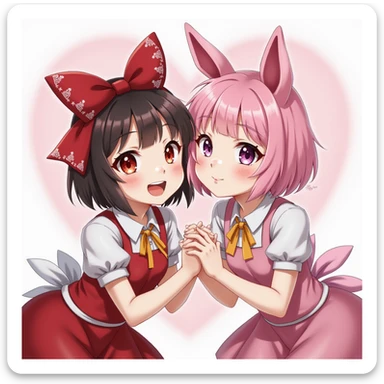 Kuromi and My Melody together, photorealistic style, winking, holding hands, high detail sticker
