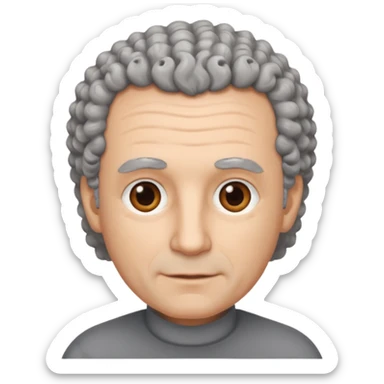 Illustrated emoji of a middle aged man with receding grey curly hair, brown eyes, white skin sticker