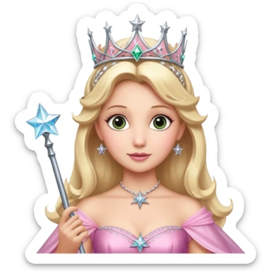 glinda the good witch from wicked movie (ariana) blonde hair, beautiful, big silver thin tiara, star wand, pink gown sticker