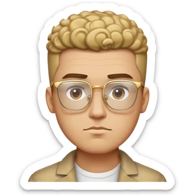 Man with angular square face, thick straight eyebrows, short fade haircut with faded sides and curly top, light stubble, neutral serious expression, wearing large square gold glasses sticker