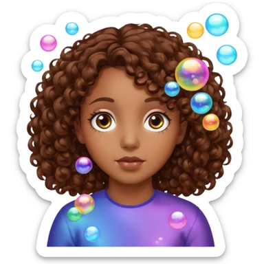 girl with brown curly hair in a side part with big brown eyes looking off to the side with bubbles on both sides of her sticker
