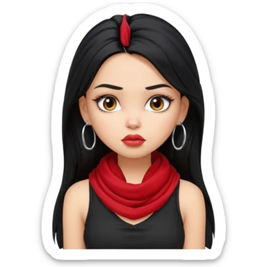 a pretty bratz girl with long black hair, kajal under eyes, small silver hoop. black tank top on. Red scarf around neck sticker