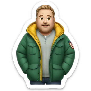 Fat man with Napapijri Rainforest Jacket sticker