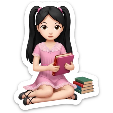 A beautiful girl, wearing a pink lace dress, her long straight black hair is tied in two ponytails, she holds books and crayons in her hands, her feet are bare, sitting on the floor with her legs crossed. sticker
