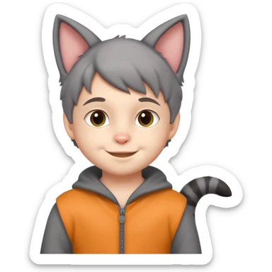little kid Boy in gray cat suit with tail and ears sticker