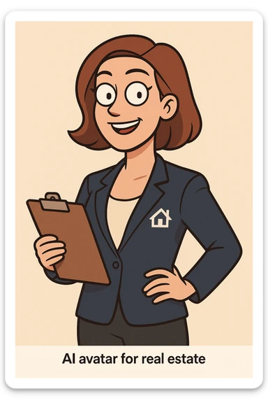 AI avatar for real estate, confident, holding a clipboard, blazer, subtle real estate icon, minimal background, flat toon style sticker