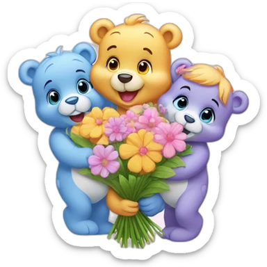 All the Care bears holding flower bouquet sticker