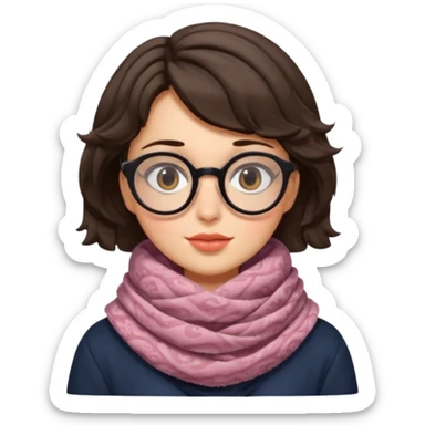A shy brunette hair wavy short hair woman with big round glasses and thick scarf, blushing from the cold. sticker