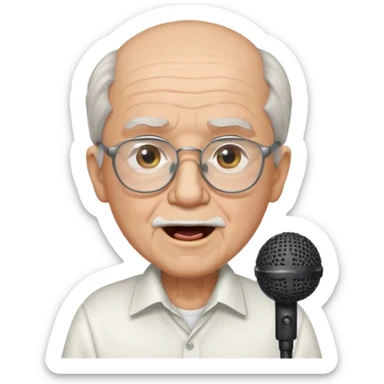 singer, Old man, singing to mic, white shirt glasses sticker