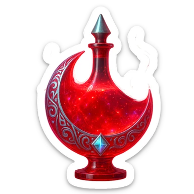 modernus prabangus eliksyro buteliukas, raudono mėnulio forma, paslaptingas, mistinis, ryški raudona spalva, holografiniai ir sidabriniai ornamentai, stiprūs magiški švytėjimai ir efektai, labai mažas kaklelis, skaidrus fonas, vientisas dugnas, be šešėlio, plūduriuoja ore, kolekcijos stilius sticker