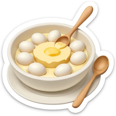 a dozen eggs, a ceramic mixing bowl with a wooden spoon and a plate of butter sticker