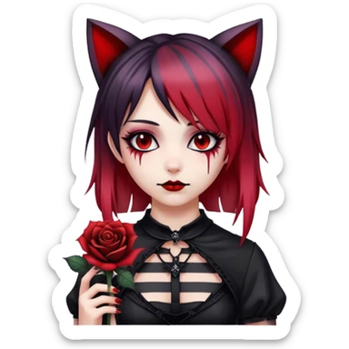 Bloody black rose anime gothic emo  beautiful gorgeous cool edgy cute lady with cat ears, gradient black-and-red-striped hair sticker