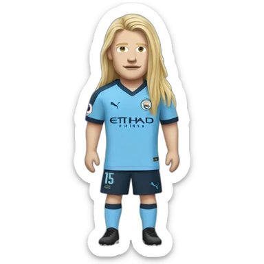 Realistic Erling Haaland has long hair, in acatogan. He is wearing Manchester City football shirt sticker