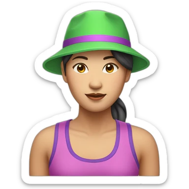 asian woman, green hat backwards, pink and purple singlet sticker