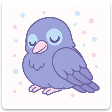 cute sleepy raven, soft round features, big eyes, gentle expression, cozy pose sticker