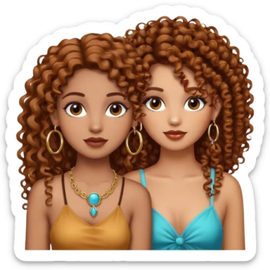 Puerto Rican fair skin straight brown hair with hoop earrings make up and my best friend caramel colored curly hair with jewelry and makeup on her face besties side-by-side sticker
