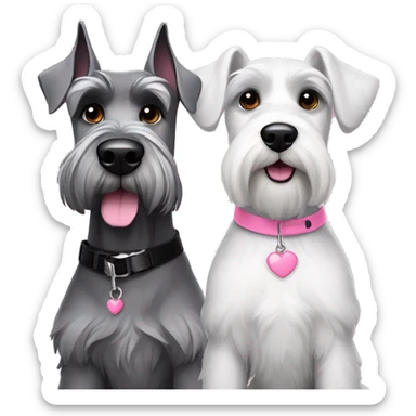 A big gray schnauzer with dark eyes wearing a black collar next to a small all white puppy schnauzer wearing a pink collar  sticker