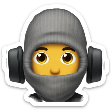 gamer with headphones and a black balaclava, there's a little bit of hair sticking out from under the balaclava. sticker
