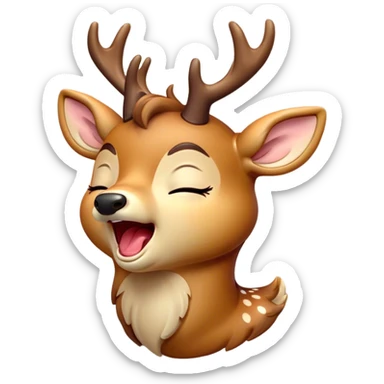 Cinematic Cute Yawning Deer Portrait Emoji, Head tilted slightly with a dramatic, wide-open yawn, revealing a soft, dappled coat and elegantly drooping ears, eyes barely open in drowsy contentment, Simplified yet irresistibly adorable features, highly detailed, glowing with a soft, cozy glow, high shine, relaxed yet expressive, stylized with a touch of natural whimsy, bright and endearing, soft glowing outline, capturing the essence of a sleepy yet affectionate deer, so drowsy it feels like it could stretch right out of the screen and curl up for a nap! sticker