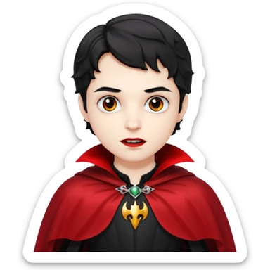 Pale skin, short black wavy hair, red and black cape. A traditional vampire look. sticker