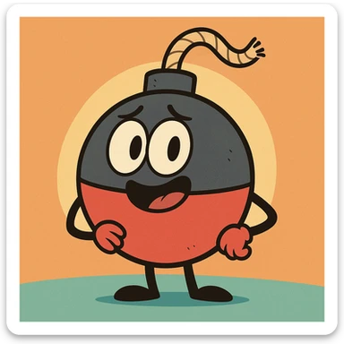 Cartoonish hybrid of a bomb and a fishing bobber, with a visible fuse, flat toon style, simple and colorful, bold outlines sticker