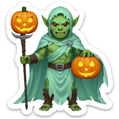 male orc warrior ghost emoji, green skin, tusks, wearing torn white ghost sheet costume, holding glowing jack-o'-lantern, faint blue aura, friendly but spooky expression, Halloween fantasy theme, Apple emoji style, clean white background, square sticker