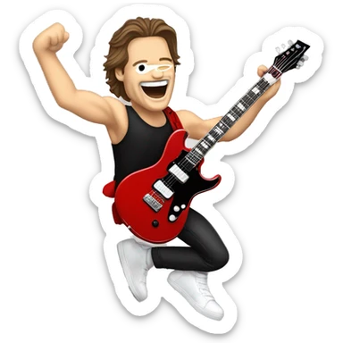 Edward Van Halen jumping, straddle-style with his signature red, black, and  white guitar sticker
