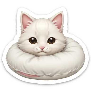 Stitch white fluffy kitten snuggling a pillow, cheeks rosy, eyes closed in > < shape sticker