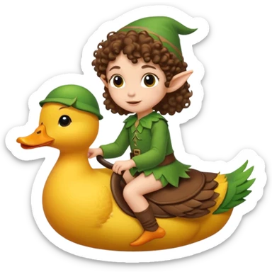 tiny forest elf short tight curly brown hair riding duck sticker