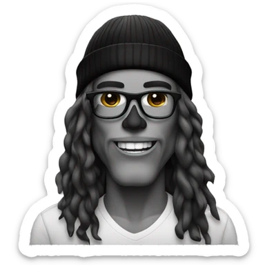 SKULL, long hair black ,beanie blackwith eyeglass sticker