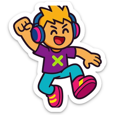 PK XD character, wearing headphones, energetic pose, cartoon style sticker