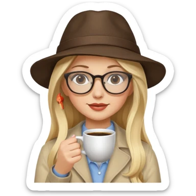long hair blonde woman drink coffe with hat and glasses sticker