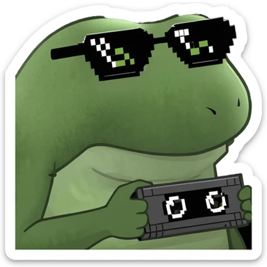 bufo with triangle shaped 8 bit sunglasses full black, confident smile, with a black hole in his hand sticker