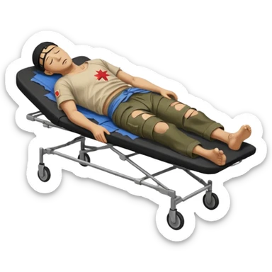 wounded man of oriental appearance, dressed in torn clothes, full length, with closed eyes, head lying on stretcher, in prone position, with injuries on black military stretcher, 1980 sticker