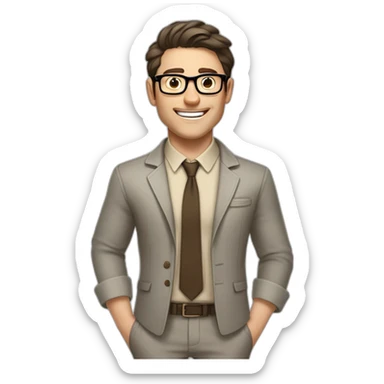 Joyful Pale skinned Fit Man With dark brown hair in gray jacket, beige office shirt, Brown pants and vintage glasses. His thrumbs up sticker