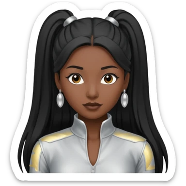 Left Eye from TLC with dark skin, long black ponytail hair, silver outfit sticker