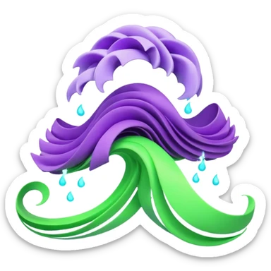 3D render of Tsunami, miniature weather phenomenon, volumetric particle effects, wavy glowing neon green and purple ribbons in the sky, elemental energy, emoji style, isolated on white background --v 6.0. sticker
