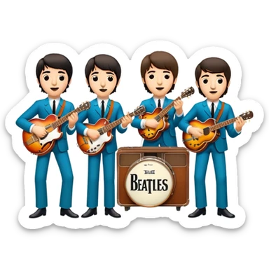 Cinematic Realistic The Beatles Group Emoji, depicted as an iconic band of four exuding playful charisma and musical genius with retro instruments and vibrant expressions, rendered with rich textures and nostalgic dynamic lighting that captures their legendary impact on pop culture. sticker