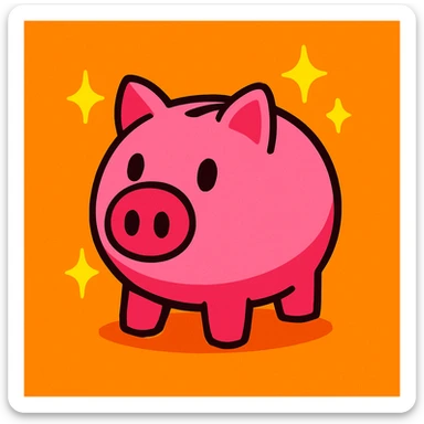 cute pink piggy bank with a round snout and a classic coin slot, bright highly saturated cartoon style, with sparkles around it sticker