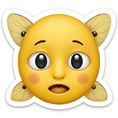 😊🥺 these emojis but with flies around it and its happy yellow face emoji black eyes like the 4th image but its cuter remove the nose make the eyes bigger and close its mouth sticker