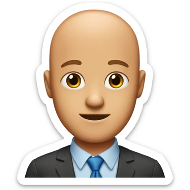 an almost bald man with orange hair on his sides, a red shirt and a blue tie sticker