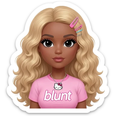 Long giant lashes, my melody hairclip, Doll faced shaped, hello kitty necklace, bimbo, black doll eyes, barbie, dark brown skin with long curly blonde hair, light pink bimbo shirt says "blunt" , big breast sticker