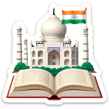 An icon featuring the Taj Mahal and the flag of India, symbolizing the Hindi language. The design includes an open book with hindi text, representing language learning and cultural richness. Transparent background highlights the heritage of India. sticker