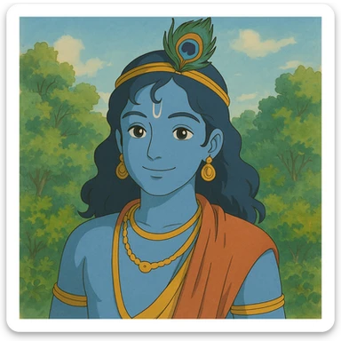 Krishna, the Hindu deity, with blue skin, peacock feather crown, gentle smile, in Ghibli style, detailed and vibrant sticker