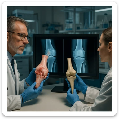 symbolic scene with doctors in a laboratory comparing a pig joint with a human one on a monitor, advanced research atmosphere, realistic details, 4K quality sticker