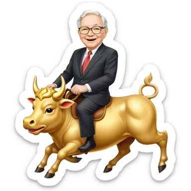 happy Warren Buffet riding golden bull sticker